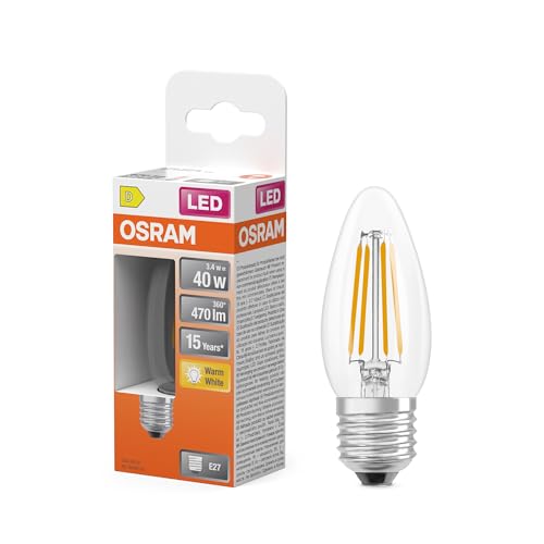 OSRAM LED-Lampe Star Kerzenform B40 Filament, 2700 K warmweiß, 3,4 W, E27, klar, 470 lm, 15.000h, für Kronleuchter, dekorative Einbauten von Osram
