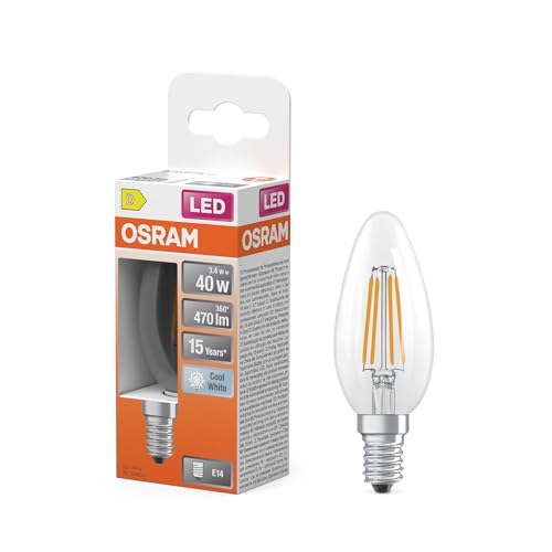 OSRAM LED-Lampe Star Kerzenform B40 Filament, 4000 K neutralweiß, 3,4 W, E14, klar, 470 lm, 15.000h, für Kronleuchter, dekorative Einbauten von Osram