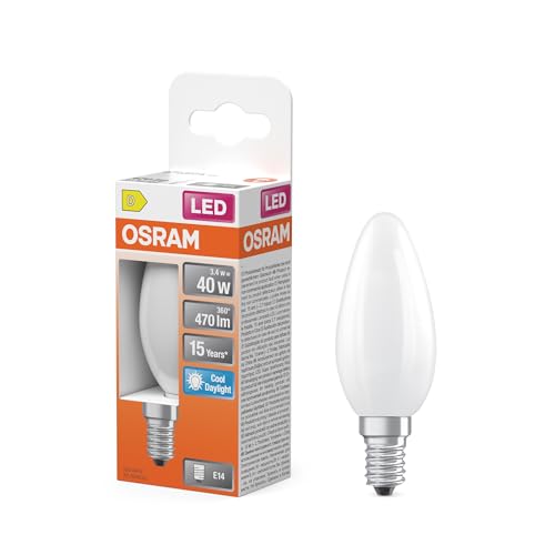 Osram LED-Lampe Star Kerzenform B40 Filament, 6500 K kaltweißes Tageslicht, 3,4 W, E14, matt, 470 lm, 15.000h, für Kronleuchter, Arbeitsplätze von Osram