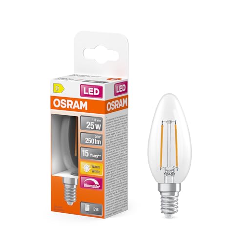OSRAM LED-Lampe Superstar B25 Kerzenform Filament dimmbar, 2700 K warmweiß, 1,8 W, E14, klar, 250 lm, 15.000h, für Kronleuchter, Nachttischleuchten OSRAM LED-Lampe Superstar B25 Kerzenform Filament dimmbar, 2700 K warmweiß, 1,8 W, E14, klar, 250 lm, 15.000h, für Kronleuchter, Nachttischleuchten von Osram