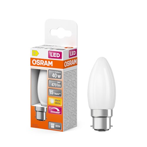 OSRAM LED-Lampe Superstar B40 Kerzenform Filament dimmbar, 2700 K warmweiß, 3,4 W, B22d, matt, 470 lm, 15.000h, für Kronleuchter, Wandleuchten OSRAM LED-Lampe Superstar B40 Kerzenform Filament dimmbar, 2700 K warmweiß, 3,4 W, B22d, matt, 470 lm, 15.000h, für Kronleuchter, Wandleuchten von Osram