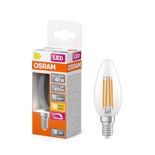 OSRAM LED-Lampe Superstar B40 Kerzenform Filament dimmbar, 2700 K warmweiß, 3,4 W, E14, klar, 470 lm, 15.000h, für Kronleuchter und Wandleuchten, OSRAM LED-Lampe Superstar B40 Kerzenform Filament dimmbar, 2700 K warmweiß, 3,4 W, E14, klar, 470 lm, 15.000h, für Kronleuchter und Wandleuchten, von Osram