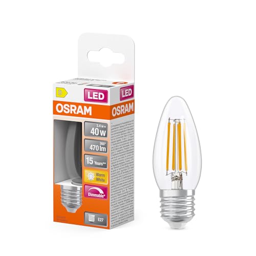 OSRAM LED-Lampe Superstar B40 Kerzenform Filament dimmbar, 2700 K warmweiß, 3,4 W, E27, klar, 470 lm, 15.000h, für Kronleuchter und Wandleuchten von Osram