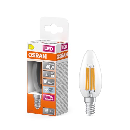 OSRAM LED-Lampe Superstar B40 Kerzenform Filament dimmbar, 4000 K neutralweiß, 3,4 W, E14, klar, 470 lm, 15.000h, für Kronleuchter, Büro OSRAM LED-Lampe Superstar B40 Kerzenform Filament dimmbar, 4000 K neutralweiß, 3,4 W, E14, klar, 470 lm, 15.000h, für Kronleuchter, Büro von Osram