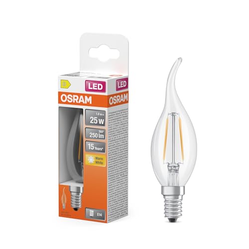 OSRAM LED-Lampe Star Windstoß BA25 Filament, 2700 K warmweiß, 1,8 W, E14, klar, 250 lm, 15.000h, für Kronleuchter, dekorative Einbauten OSRAM LED-Lampe Star Windstoß BA25 Filament, 2700 K warmweiß, 1,8 W, E14, klar, 250 lm, 15.000h, für Kronleuchter, dekorative Einbauten von Osram