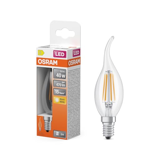 Osram LED-Lampe Star Kerzenform BA40 Filament, 2700 K warmweiß, 3,4 W, E14, klar, 470 lm, 15.000h, für Kronleuchter, Windstoß-Kerzenform von Osram