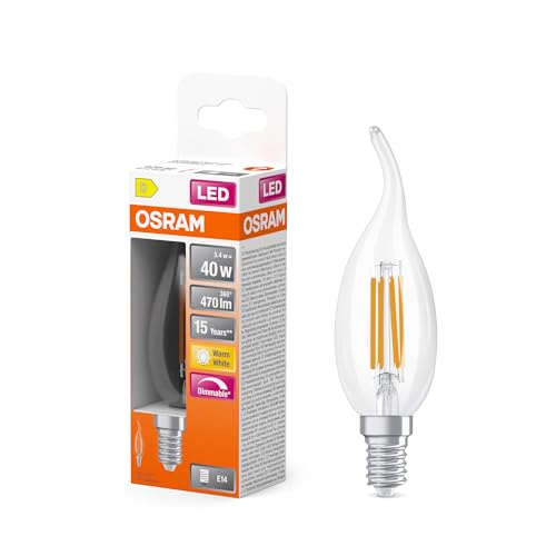 OSRAM LED-Lampe Superstar Classic BA40 Windstoß Filament dimmbar, 2700 K warmweiß, 3,4 W, E14, klar, 470 lm, 15.000h, für Kronleuchter,Wandleuchten von Osram