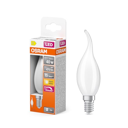 OSRAM LED-Lampe Superstar Classic BA40 Windstoß Filament dimmbar, 2700 K warmweiß, 3,4 W, E14, matt, 470 lm, 15.000h, für Kronleuchter, Wandleuchten von Osram