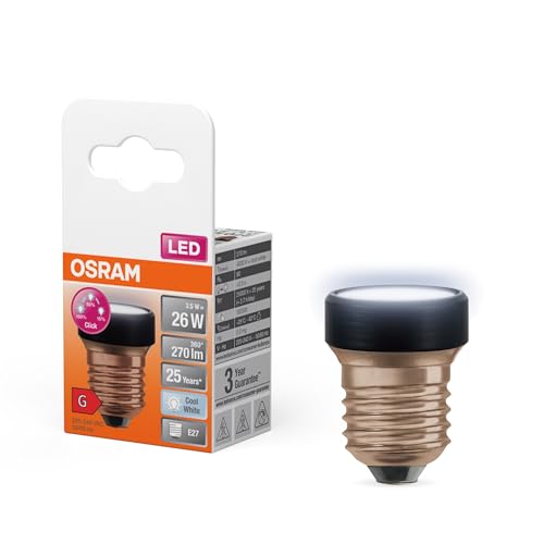 OSRAM LED STAR FLAT mit 3.5W (wie 26W), 270lm/4000K, kaltweiß 840, frosted, Kunststoff in Schwarz, mit E27 Schraubgewinde, 3-fach dimmbar über Wandschalter, 35 mm Durchmesser. von Osram