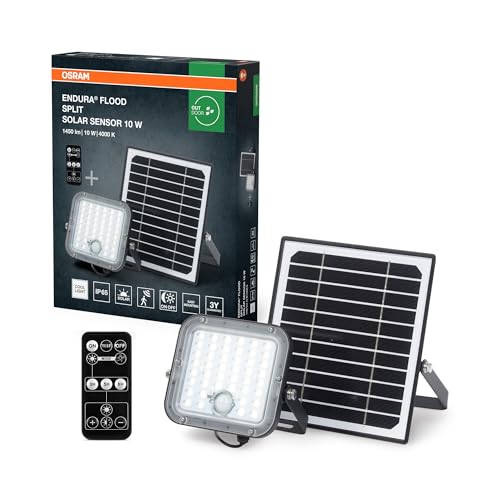 Osram LED-Solar-Außenleuchte Endura Outdoor schwarz mit Flutlicht und Solar-Panel, 5 m langes Kabel, mit Fernbedienung und PIR-Bewegungsmelder, 10 W, 1400 lm, 840, 4000 K Lichtfarbe, EEK A von Osram