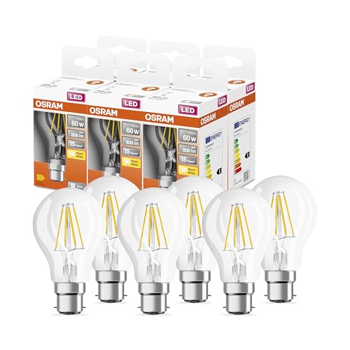 OSRAM LED Star Classic A60 LED Lampe für B22d Sockel, Birnenform, FIL, 806 Lumen, warmweiß (2700K), Ersatz für herkömmliche 60W Glühbirnen, nicht dimmbar, 6er-Pack von Osram