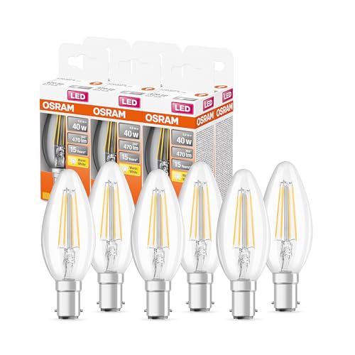 OSRAM LED Star Classic B40 LED Lampe für B15d Sockel, Kerzenform, FIL, 470 Lumen, warmweiß (2700K), Ersatz für herkömmliche 40W Glühbirnen, nicht dimmbar, 6er-Pack von Osram