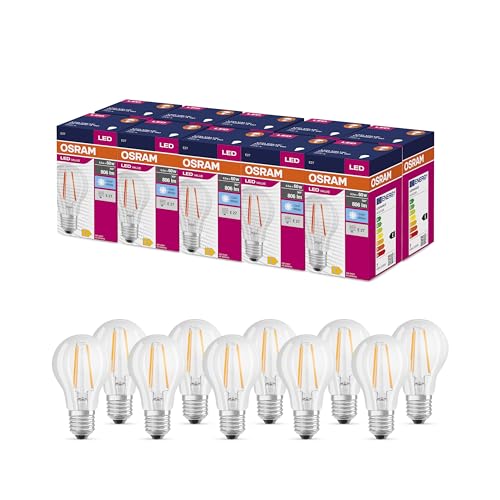 OSRAM LED Star Value Classic A60 LED Lampe für E27 Sockel, Birnenform, FIL, 806 Lumen, kaltweiß (4000K), Ersatz für herkömmliche 60W Glühbirnen, nicht dimmbar, 10er-Pack von Osram