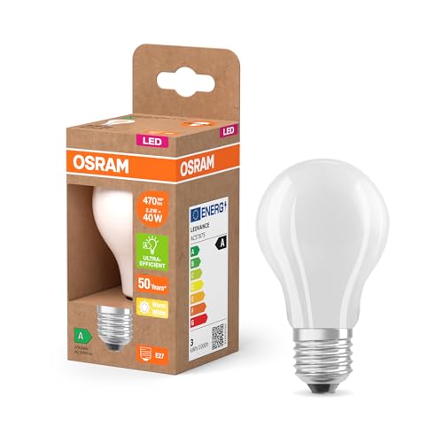 Osram LED Superstar Classic LED-Lampe A 40 in klassischer Kolbenform aus gefrostetem Glas, 2.2 W, 470 lm, E27 Fassung, 2700 K für warmweißes Licht, EEK A, 60 mm Durchmesser, White von Osram