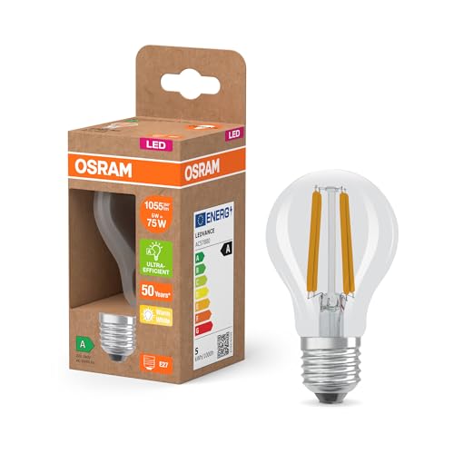 Osram LED Superstar Classic LED-Lampe A 75 in klassischer Kolbenform, klarer Glaskörper, 5 W, 1055 lm, E27 Fassung, 2700 K für warmweißes Licht, EEK A, 60 mm Durchmesser, Weiß von Osram