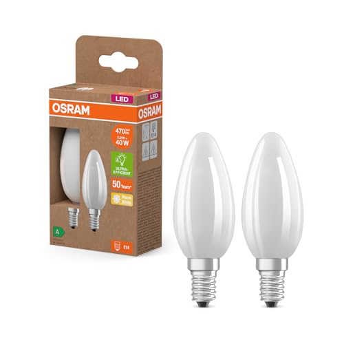 Osram LED Superstar Classic LED-Lampe B 40 in klassischer Minikerzenform aus gefrostetem Glas, 2.2 W, 470 lm, E14 Fassung, 2700 K für warmweißes Licht, EEK A, 35 mm Durchmesser, 2er-Pack von Osram