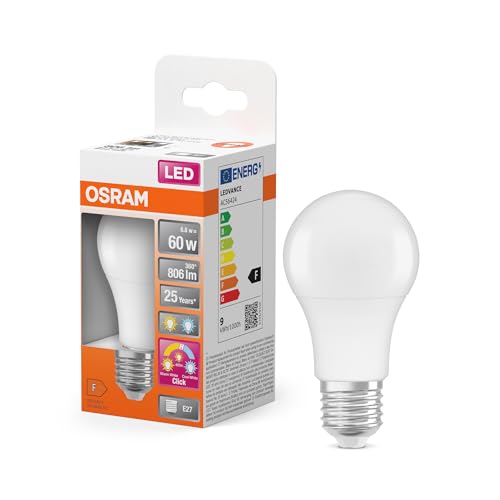 Osram LED Superstar Classic LED-Lampe in Kolbenform mit drei Lichtszenen Relax, Active, Sleep. Aus gefrostetem Kunststoff, 8.8W, E27 Fassung, Farbtemperatur 2700-4000 K, steuerbar über Wandschalter von Osram