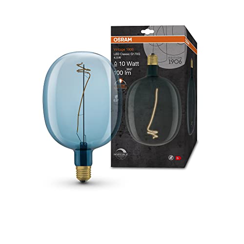 OSRAM Lamps Vintage 1906 LED-Lampe mit blauer Tönung,4,5W,100lm,Ballon-Form 170mm Durchmesser & E27-Sockel,warmweiße Lichtfarbe,dimmbares Filament,bis zu 15.000 Stunden Lebensdauer,4058075761872 von Osram