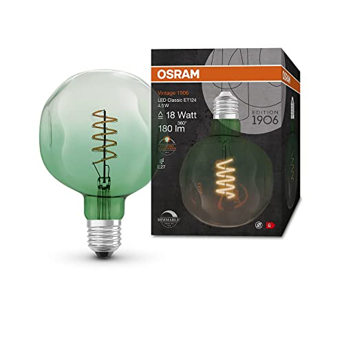 OSRAM Lamps Vintage 1906 -Lampe grüner Tönung,4,5W,180lm,Kugel-Form 124mm Durchmesser&E27-Sockel Lichtfarbe,spiralförmiges Filament,dimmbar,bis zu 15.000 Stunden Lebensdauer,4058075761858,Grün von Osram