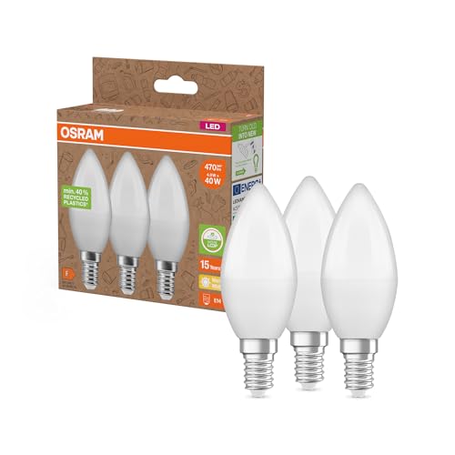 OSRAM NATURE LOOP - besonders nachhaltige LED Lampen aus recyceltem Plastik, Vorteilspack mit 3 Leuchtmittel, ersetzt herkömmliche 40W Glühbirnen,Kerzenform, E14, warmweiß(2700K),umweltschonend von Osram