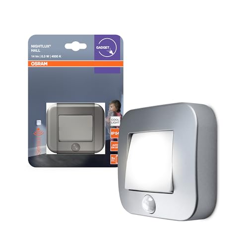 OSRAM NIGHTLUX Hall Nachtlicht, Silber, IP54, Bewegungssensor, batteriebetrieben, kaltweißes Licht, 4000 K, ideal für Flure und Eingangsbereiche von Osram
