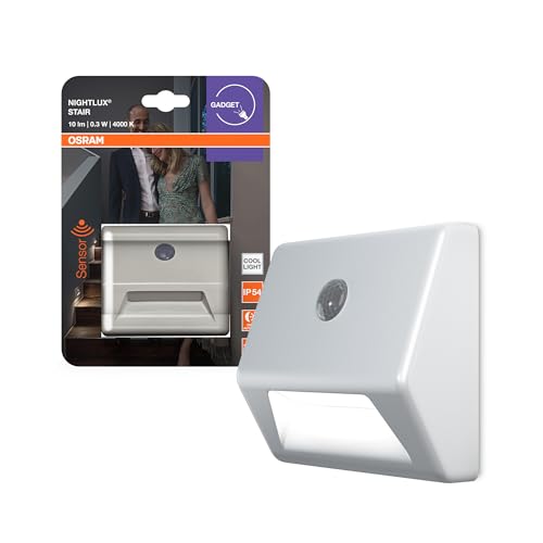 OSRAM NIGHTLUX Stair Nachtlicht, Weiß, Bewegungssensor, IP54, batteriebetrieben, 4000 K kaltweiß, ideal für Treppen und flexible Montage Optionen von Osram