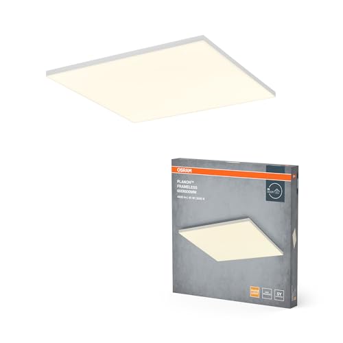 OSRAM Planon Frameless rahmenlose Panelleuchte in Weiß mit fortschrittlicher LED-Technik, 40 W, quadratische Form (600 x 600 mm), warmweiße Lichtfarbe bei 3000 K, Aluminium-Gehäuse von Osram
