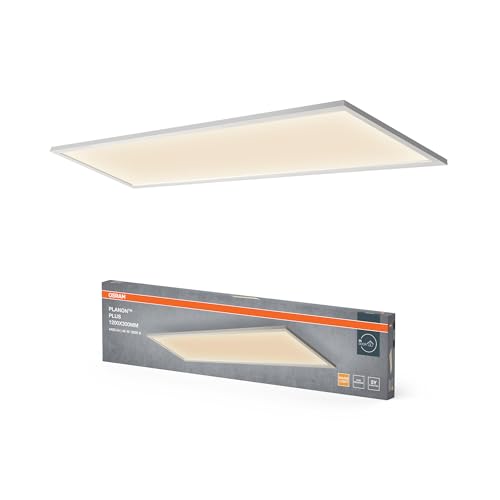 OSRAM Planon Plus Deckenleuchte in Weiß mit fortschrittlicher LED-Technik, 36 W, rechteckige Form (1200 x 300 mm), warmweiße Lichtfarbe bei 3000 K, Aluminium-Gehäuse, mattierter PMMA-Diffuser von Osram