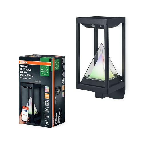 OSRAM SMART+ Outdoor Bluetooth Solar-Wandleuchte, mit warmweißem (3000K) und Farblicht, ohne Strom nutzbar, bis 2,5 Stunden Brenndauer bei 100% Licht, wiederaufladbar mit USB-C Kabel, IP44, Sensor von Osram