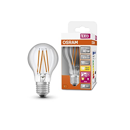 OSRAM Star+ LED-Lampe mit Tageslichtsensor für E27-Sockel, Filament-Optik ,Warmweiß (2700K), 470 Lumen, Ersatz für herkömmliche 40W-Leuchtmittel, nicht dimmbar, 4-er Pack von Osram