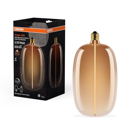 OSRAM Vintage 1906 Big Elipse Oval ist eine dimmbare LED-Lampe mit Filament in Ellipsenform. Sie bietet 4.8 W für 200 lm, E27 Fassung, Tea Brown Glas, 145 mm Durchmesser, CRI 80, 1800 K. OSRAM Vintage 1906 Big Elipse Oval ist eine dimmbare LED-Lampe mit Filament in Ellipsenform. Sie bietet 4.8 W für 200 lm, E27 Fassung, Tea Brown Glas, 145 mm Durchmesser, CRI 80, 1800 K. von Osram