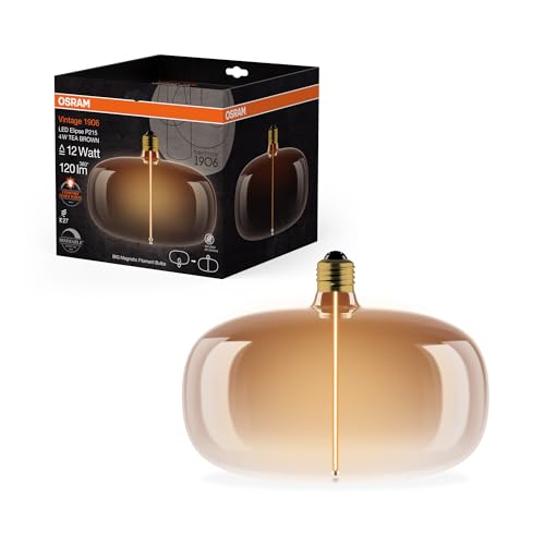 OSRAM Vintage 1906 Big Elipse ist eine dimmbare LED-Lampe mit Filament in Ellipsenform. Sie bietet 4 W für 120 lm, E27 Fassung, Tea Brown Glas, 215 mm Durchmesser, Farbwiedergabe CRI 80, 1800 K. OSRAM Vintage 1906 Big Elipse ist eine dimmbare LED-Lampe mit Filament in Ellipsenform. Sie bietet 4 W für 120 lm, E27 Fassung, Tea Brown Glas, 215 mm Durchmesser, Farbwiedergabe CRI 80, 1800 K. von Osram