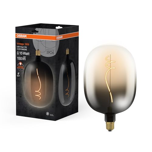 OSRAM Vintage 1906 Big Oval ist eine warmweiße LED-Lampe mit Filament mit besonderer Kolbenform. Sie bietet 4.5 W für 150 lm, E27 Fassung, Smoke Design, 170 mm Durchmesser, CRI 80, 1800 K. OSRAM Vintage 1906 Big Oval ist eine warmweiße LED-Lampe mit Filament mit besonderer Kolbenform. Sie bietet 4.5 W für 150 lm, E27 Fassung, Smoke Design, 170 mm Durchmesser, CRI 80, 1800 K. von Osram