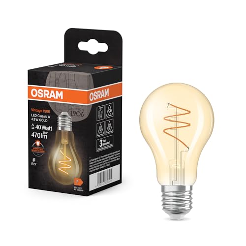 OSRAM Vintage 1906 Classic ist eine warmweiße LED-Lampe mit spiralförmigem Filament in klassischer Kolbenform. Sie bietet 4.9 W für 470 lm, E27 Fassung, goldfarbenes Glas, 60 mm Durchmesser, 2200 K. OSRAM Vintage 1906 Classic ist eine warmweiße LED-Lampe mit spiralförmigem Filament in klassischer Kolbenform. Sie bietet 4.9 W für 470 lm, E27 Fassung, goldfarbenes Glas, 60 mm Durchmesser, 2200 K. von Osram