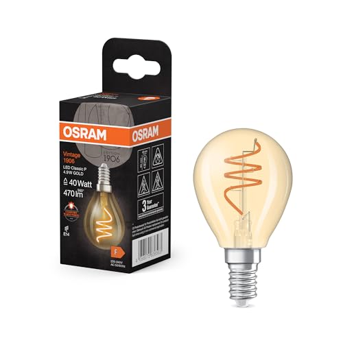 OSRAM Vintage 1906 Classic ist eine warmweiße LED-Lampe mit spiralförmigem Filament in klassischer Miniballform. Sie bietet 4.9 W, 470 lm, E14 Fassung, goldfarbenes Glas, 45 mm Durchmesser, 2200 K. OSRAM Vintage 1906 Classic ist eine warmweiße LED-Lampe mit spiralförmigem Filament in klassischer Miniballform. Sie bietet 4.9 W, 470 lm, E14 Fassung, goldfarbenes Glas, 45 mm Durchmesser, 2200 K. von Osram
