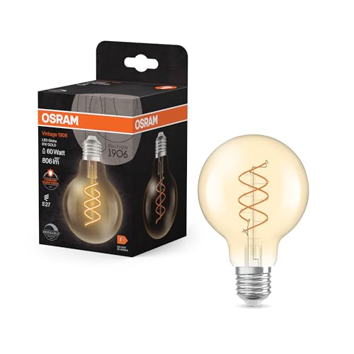 OSRAM Vintage 1906 Globe ist eine warmweiße, dimmbare LED-Lampe in Ballform mit spiralförmigem Filament. Sie bietet 8 W für 806 lm, E27 Fassung, goldfarbenes Glas, 80 mm Durchmesser, 2200 K, EEK F. OSRAM Vintage 1906 Globe ist eine warmweiße, dimmbare LED-Lampe in Ballform mit spiralförmigem Filament. Sie bietet 8 W für 806 lm, E27 Fassung, goldfarbenes Glas, 80 mm Durchmesser, 2200 K, EEK F. von Osram