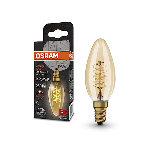 OSRAM Vintage 1906 LED-Lampe mit Gold-Tönung, 3,4W, 250lm, klassische Kerzenlampe (Classic B) mit E14-Sockel, warmweiße Lichtfarbe, spiralförmiges Filament, dimmbar, bis zu 15.000 Std; Lebensdauer von Osram