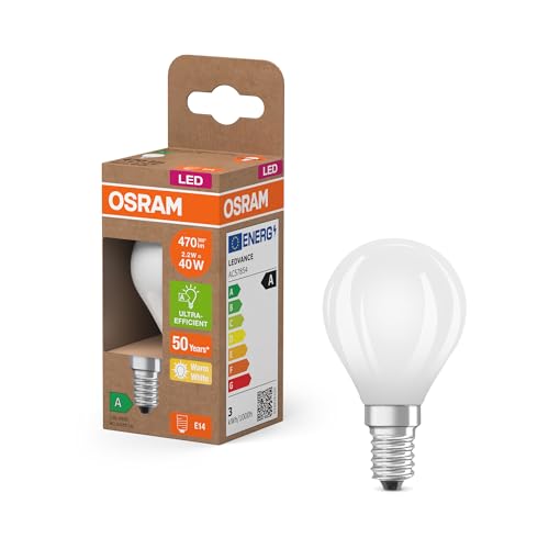 Osram Energy Class LED-Lampe in klassischer Miniballform, 2.2 W / 470 lm, EEK A, warmweißes Licht (2700 K), CRI 80, aus gefrostetem bleifreiem Glas, E14 Sockel, IP20, 45 mm Durchmesser. von Osram