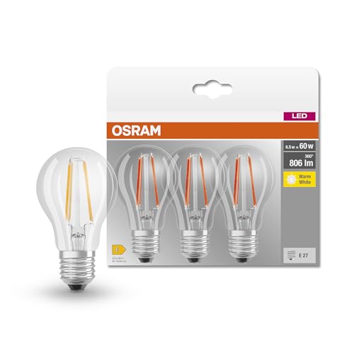 Osram Lamps LED Base Classic A Lampe, in Kolbenform mit E27-Sockel, nicht dimmbar, Ersetzt 60 Watt, Filamentstil Klar, Warmweiß - 2700 Kelvin, 3 Stück (1er Pack) von Osram