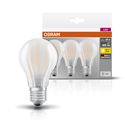 Osram LED Base Classic A Lampe, in Kolbenform mit E27-Sockel, nicht dimmbar, Ersetzt 60 Watt, Matt, Warmweiß - 2700 Kelvin, 3er-Pack von Osram