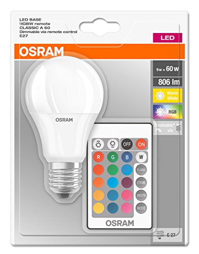 Osram LED Base Classic A RGBW Lampe, in Kolbenform mit E27 Sockel, dimmbarkeit und Farbsteuerung per Fernbedienung, Ersetzt 60 Watt, Warmweiß - 2700 Kelvin, 1er-Pack von Osram