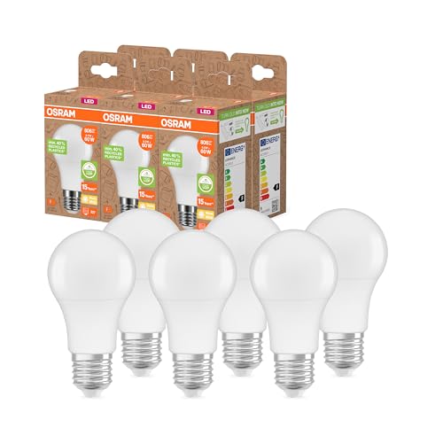 Osram LED STAR CLASSIC A 60 FR LED-Lampe, E27, klassische Kolbenform, weiß, 8,5W, 806lm, 2700K, warmweißes Licht, sehr geringer Energieverbrauch, mit recyceltem Kunststoff, 6 - Pack von Osram