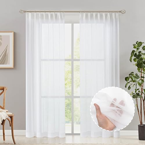 OstepDecor Sheer Voile Vorhänge transparente Gardinen mit Kräuselband und Bleibandabschluss, Luftig, modern und für Wohnzimmer, Schlafzimmer und Jede Vorhangsysteme, Weiß, 245x300cm(HxB) 2er Set von OstepDecor