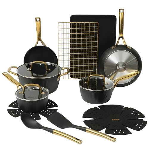 Oster Premium Abbottsford 16-teiliges Aluminium-Kochgeschirr-Set, PFA-frei, Keramik, antihaftbeschichtet, Induktion, Schwarz/Gold von Oster