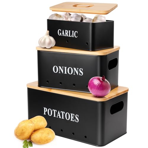 Otauoaea Kartoffel Aufbewahrungsbox, [3er Set] Zwiebeltopf Kartoffelbox Knoblauchtopf Stapelbar | Kartoffel Zwiebel Aufbewahrung mit Bambusdeckel | Belüftung Beschattung Frischeerhaltung (Schwarz) von Otauoaea