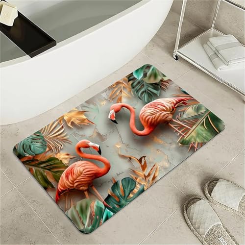 OwkHome Badematte Aus Kieselgur, Rutschfester, Super Saugfähiger, Schnell Trocknender Badvorleger Mit Süßem Kätzchen-Design(Gold Leaves and Flamingos,17x27.5Inch (43 * 70cm)) von OwkHome
