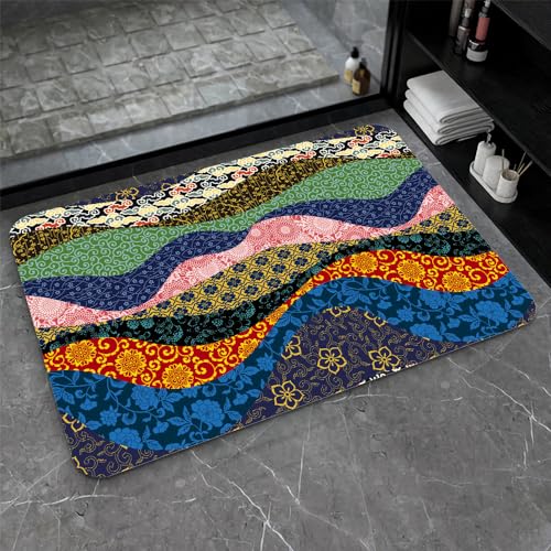 OwkHome Badematte Aus Kieselgur In Rot, Weiß Und Blau, Rutschfester, Super Saugfähiger Badezimmerteppich, Schnell Trocknende Küchentürmatte(#33,16x24Inch (40 * 60cm)) von OteHome
