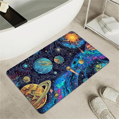 OwkHome Badematte Aus Kieselgur Mit Rot-goldenem Phönix-Design, Rutschfester, Super Saugfähiger, Schnell Trocknender Teppich for Badezimmer Und Küche(Sun Stars and Universe,17x27.5Inch (43 * 70cm)) von OwkHome