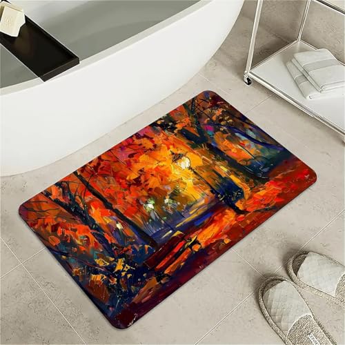OwkHome Badematte Aus Kieselgur Mit Schwarz-blau-weißem Marmor-Design, Rutschfester, Super Saugfähiger Badvorleger for Badezimmer Und Küche(Autumn Park with Street.,16x24Inch (40 * 60cm)) von OwkHome