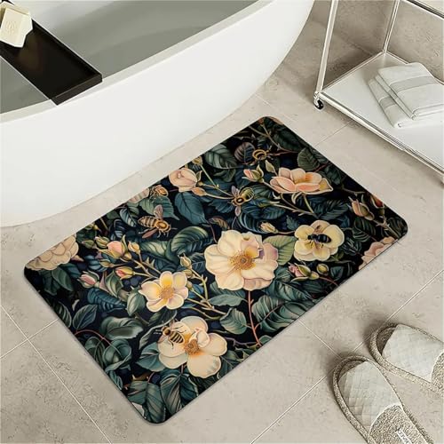 OwkHome Badematte Aus Kieselgur Mit Weißfisch- Und Goldfisch-Design, Rutschfester, Super Saugfähiger Badvorleger for Badezimmer Und Küche(Wild Roses and Bees,16x24Inch (40 * 60cm)) von OteHome